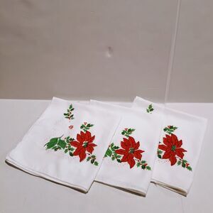 Vintage Poinsettia & Holly Cloth Napkins-Lot of 3-Christmas-Holiday-16" Square